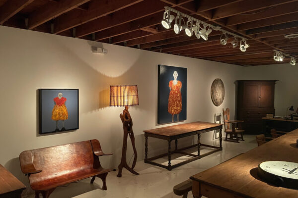 Obsolete Installation 2023. Scarlett, 28 x 25 in. and Gertrude, 61 x 48 in. Mixed Medium on Canvas.
